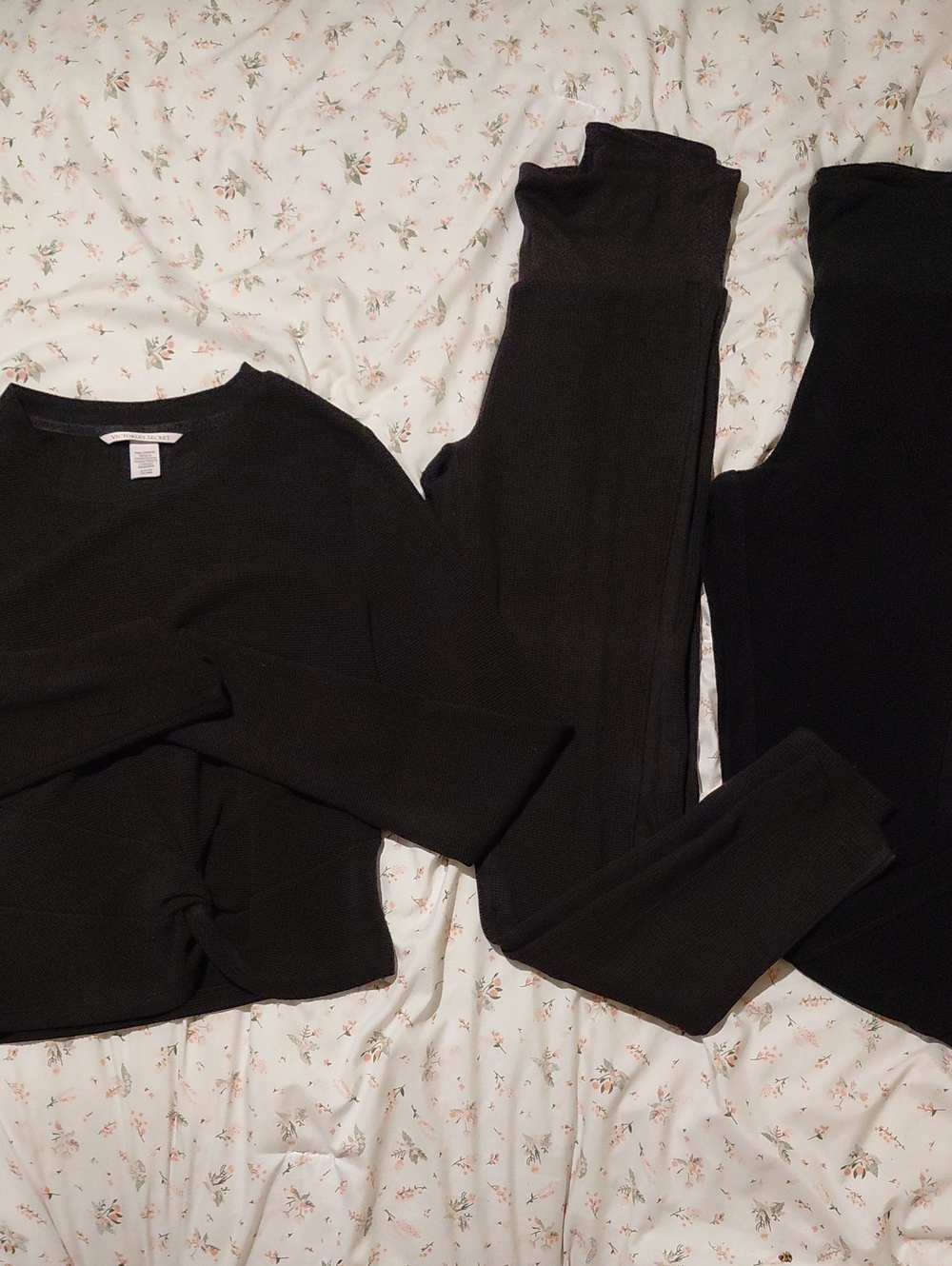 Victoria's Secret Black Ribbed Waffle Knit Leggings and Top Set